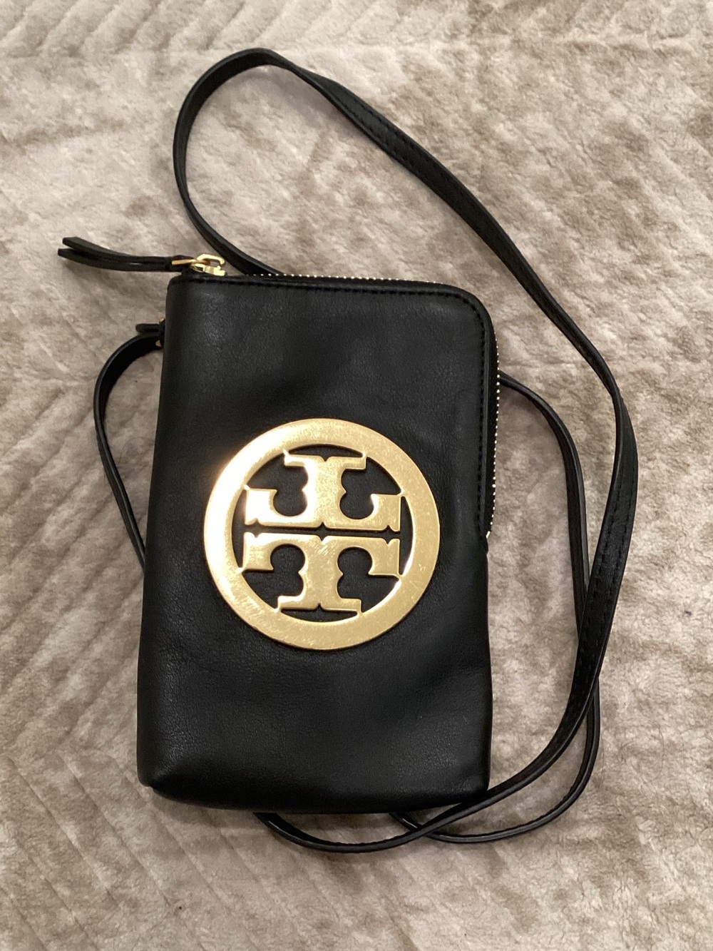 Tory Burch Black Leather Mini Crossbody with Gold Logo Medallion